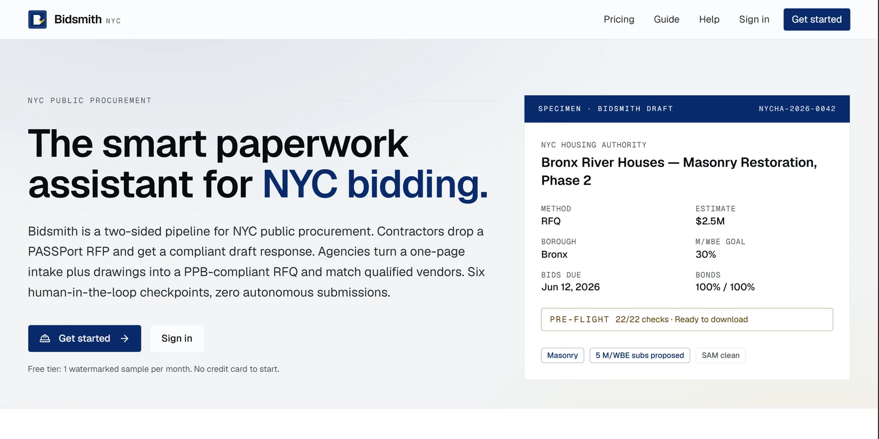 BidSmith NYC — A two-sided pipeline for NYC public procurement. Contractors drop an RFP and get a compliant draft; agencies match qualified vendors. Six human-in-the-loop checkpoints, zero autonomous submissions.