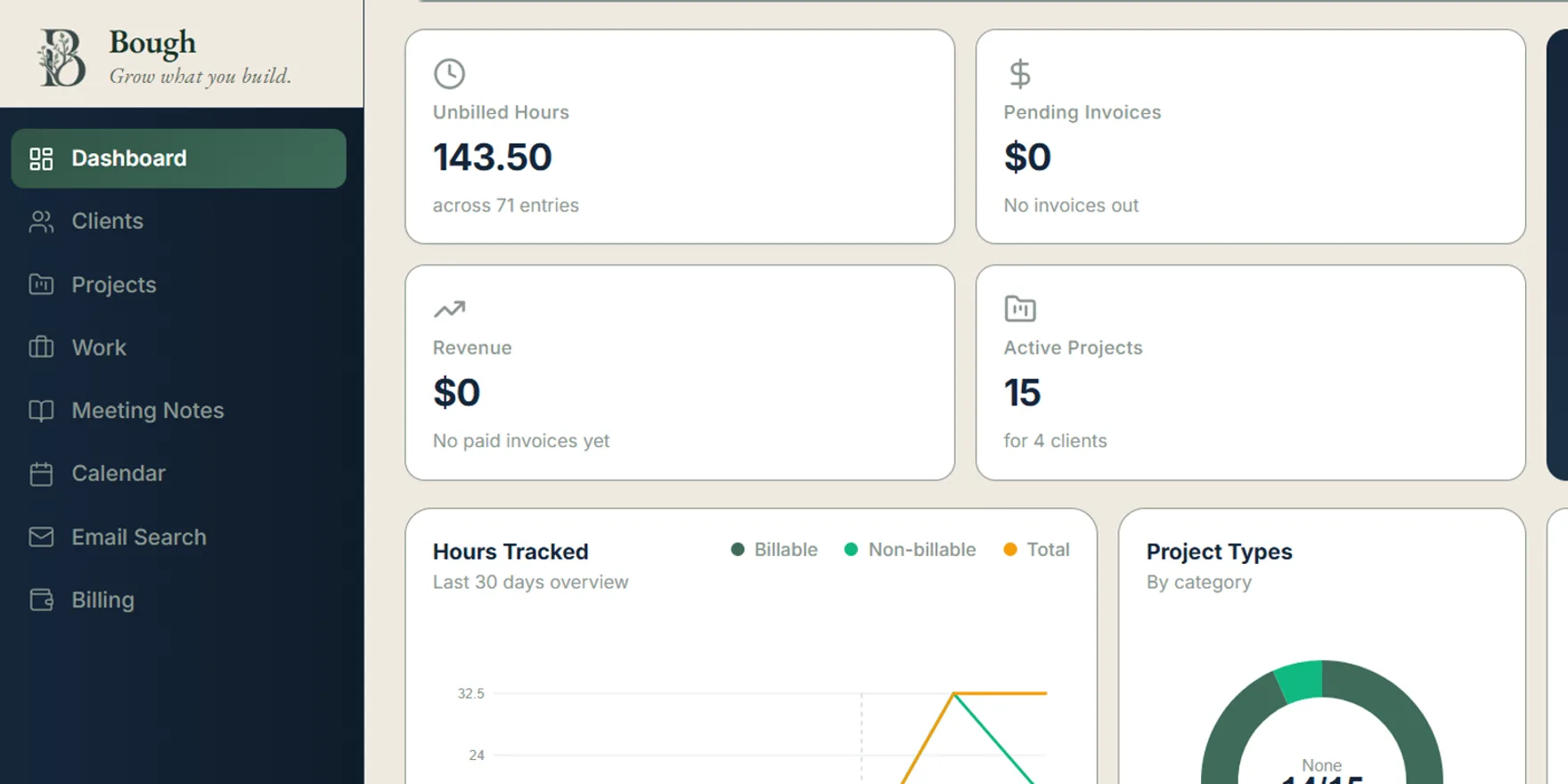 Bough — Project and invoicing for solo operators. Engagements, deliverables, and payment tracked on one surface, so the work the client paid for is the work that goes live.