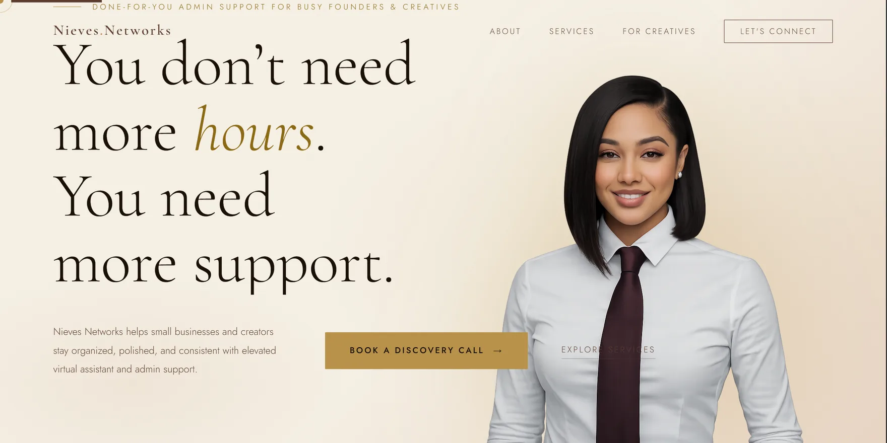 Nieves Networks — Brand and site for a done-for-you admin and virtual-assistant service. Editorial type, a warm palette, and a clear path to "book a discovery call" for a business that runs on referrals.