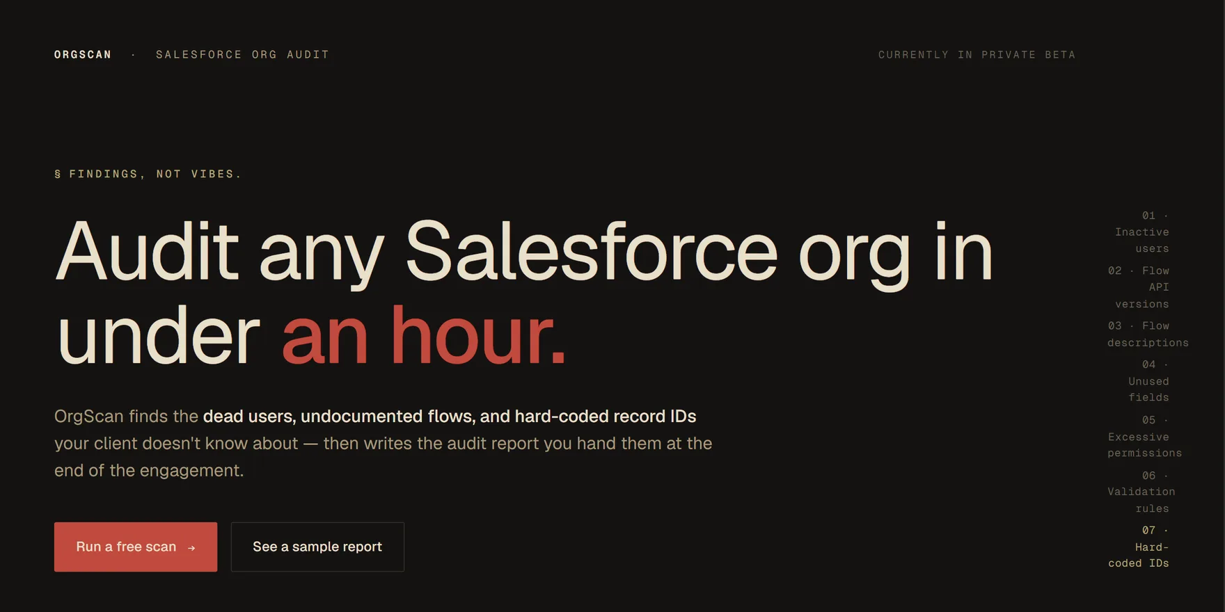 OrgScan — Salesforce org-health audits for consultants. Connect via OAuth, run automated checks, and ship a branded PDF report. Designed and built end to end.